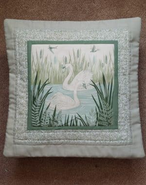 Handmade Quilted Cushion Cover Featuring Swans